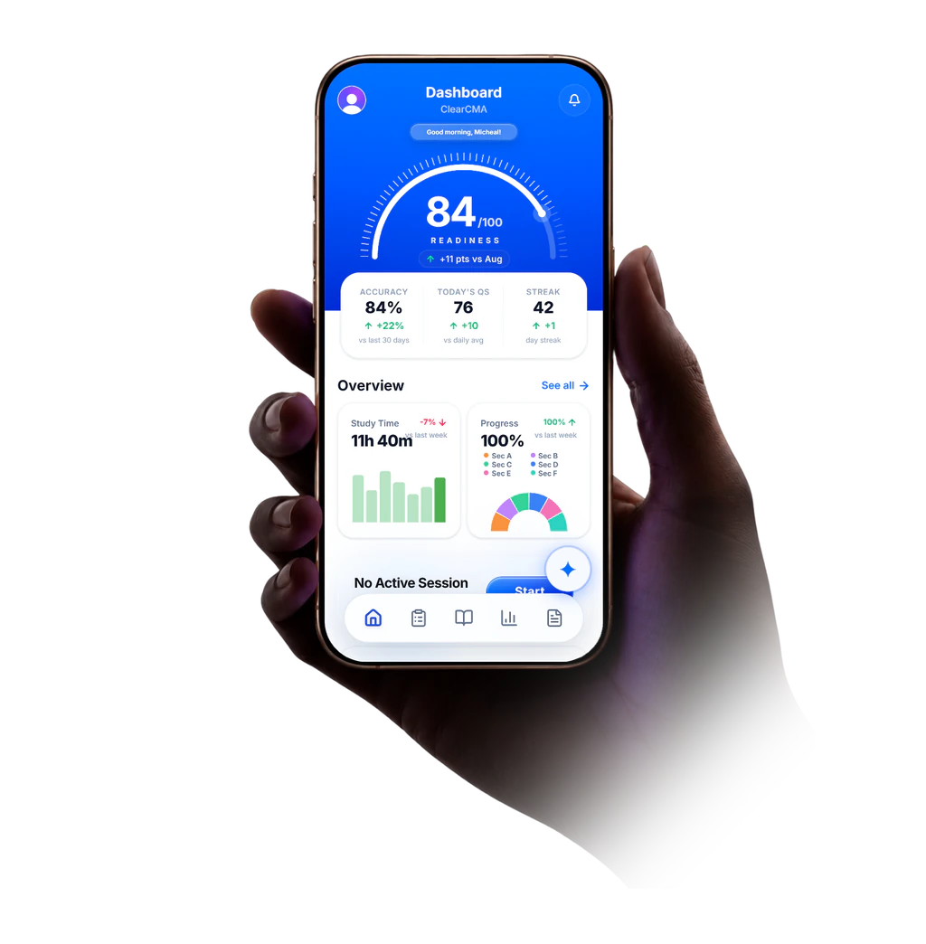 A hand holding a phone with the ClearCMA home screen open