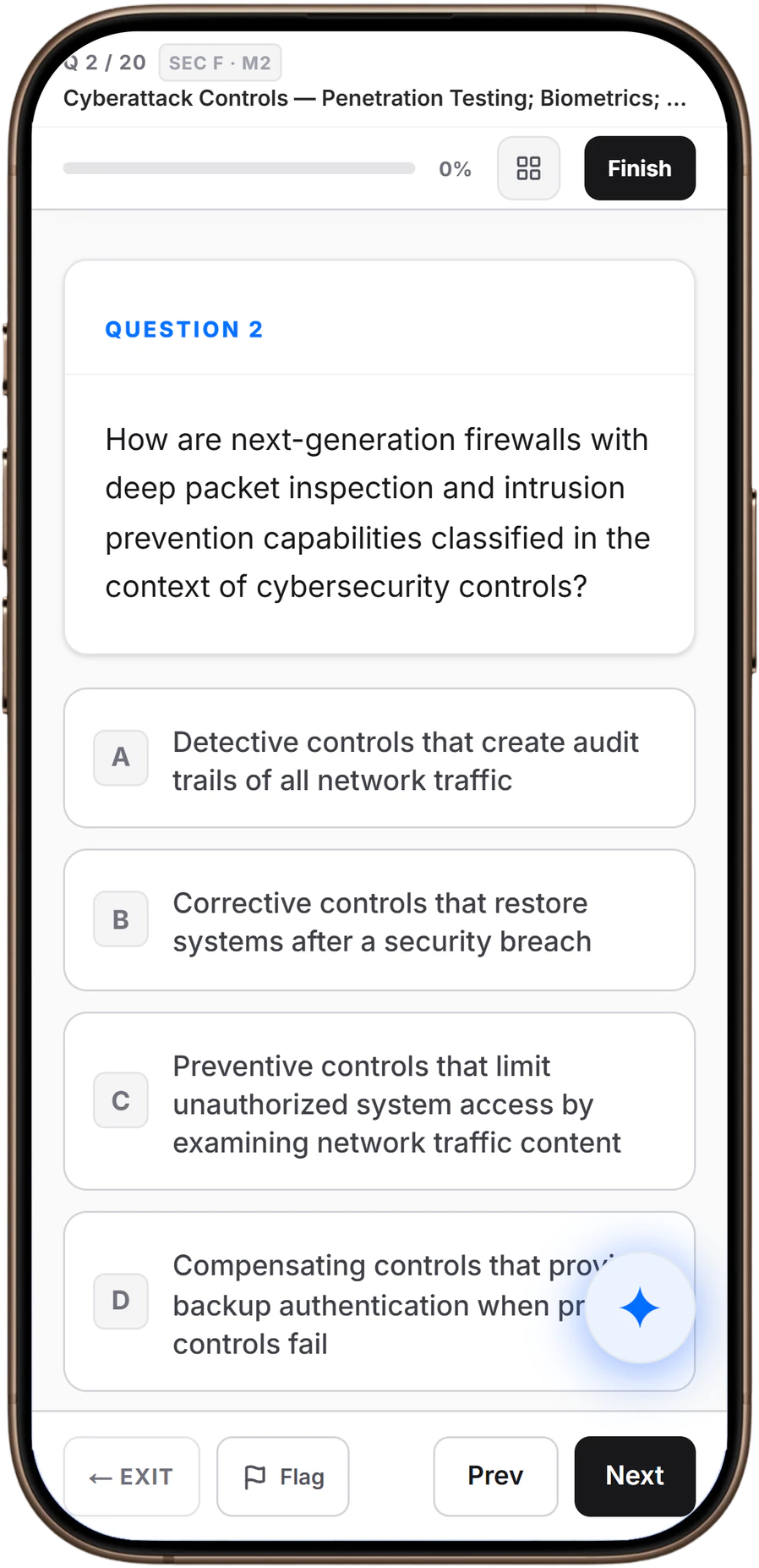 ClearCMA practice player with Prometric-style question navigation, options, and flags.