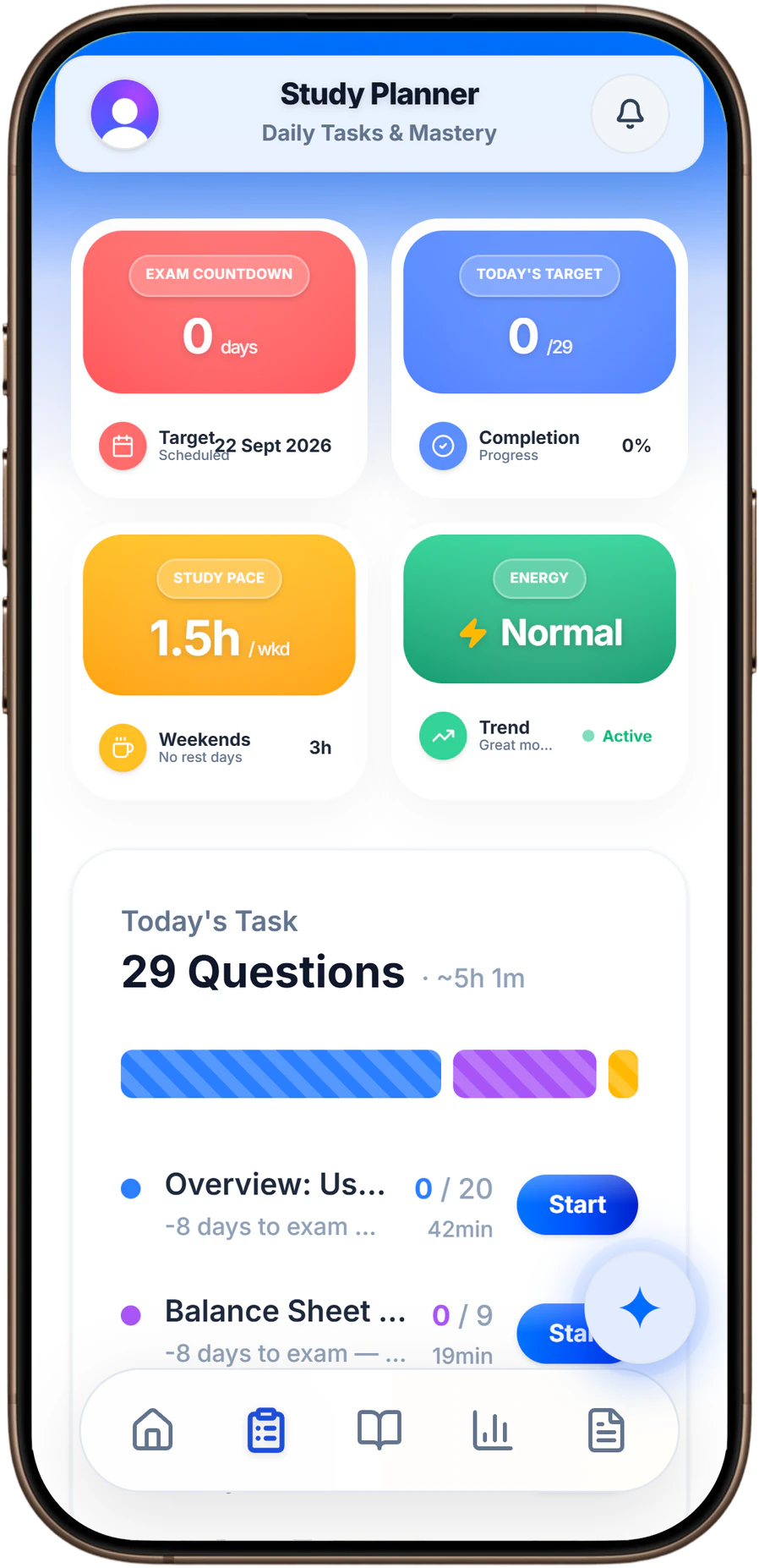 ClearCMA study planner showing exam countdown, study pace, and daily tasks.