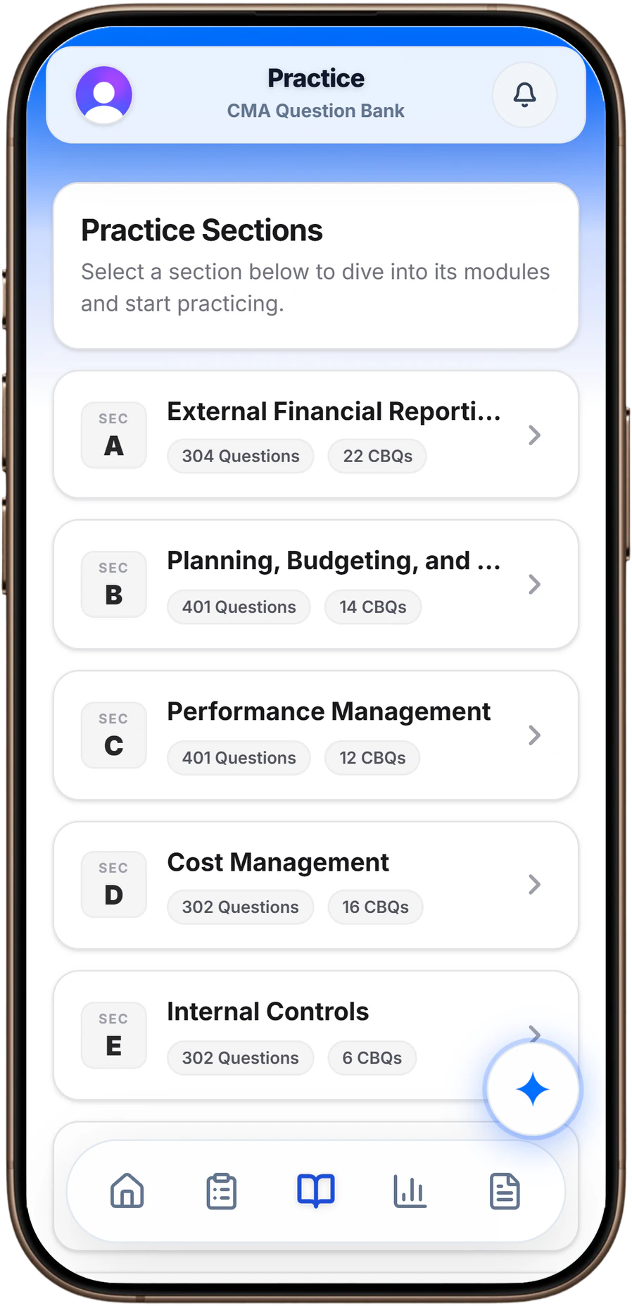 ClearCMA practice section listing all CMA syllabus parts with MCQ and CBQ question counts.